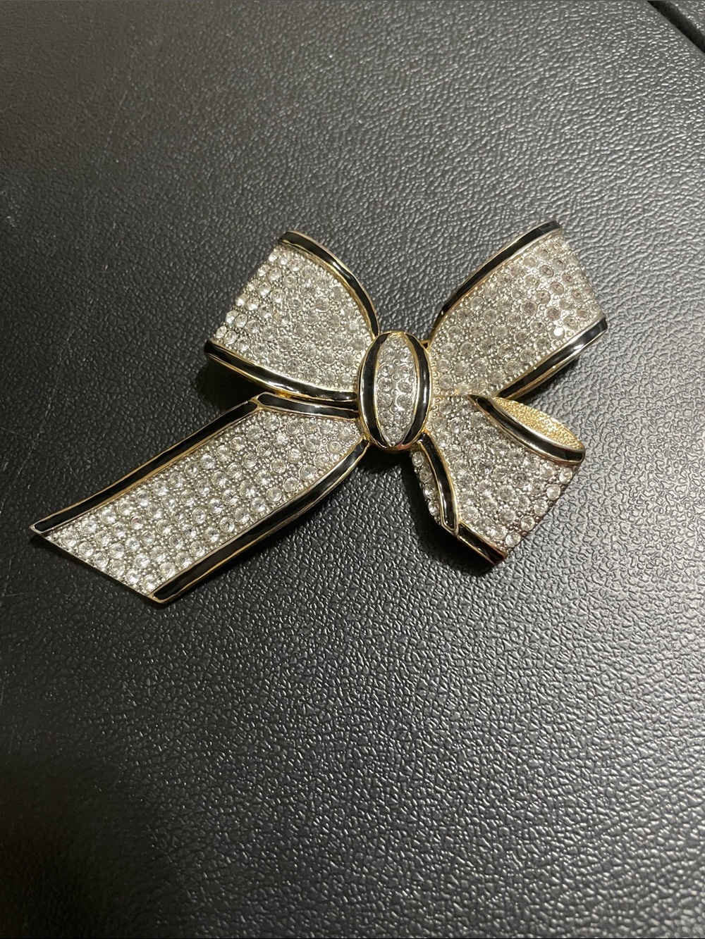 Vintage Pave Crystal Bow Brooch with Black Enamel